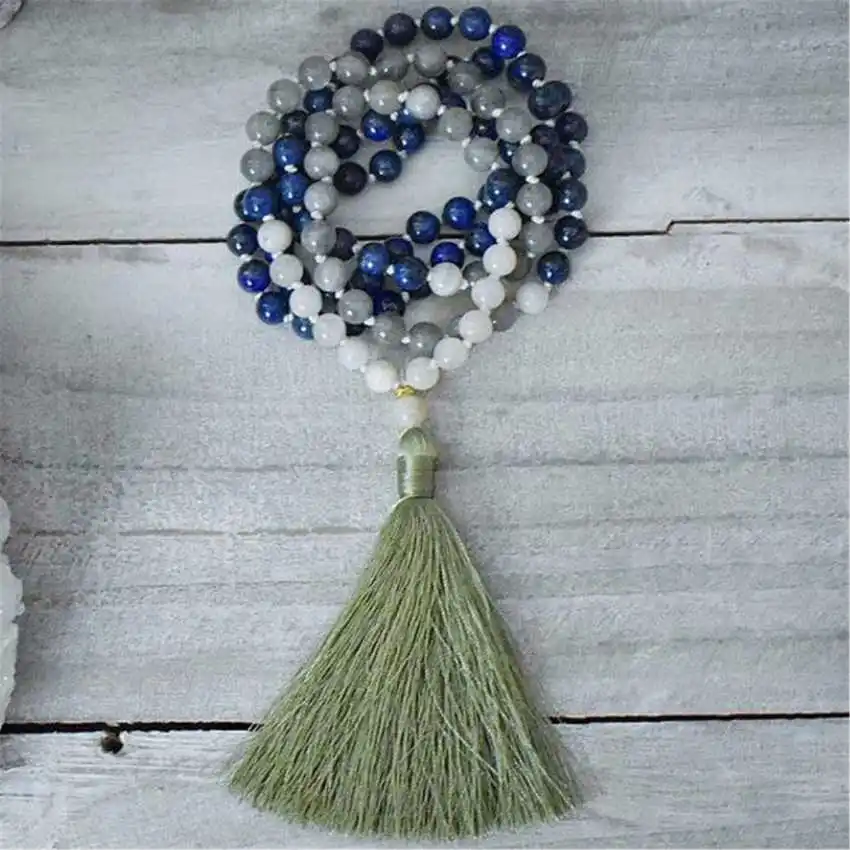 

8mm Natural Lapis Lazuli 108 Beads Handmade Tassel Necklace Spiritual Seekers Everyday wear Spiritual Stone Lariat Rustic Metal