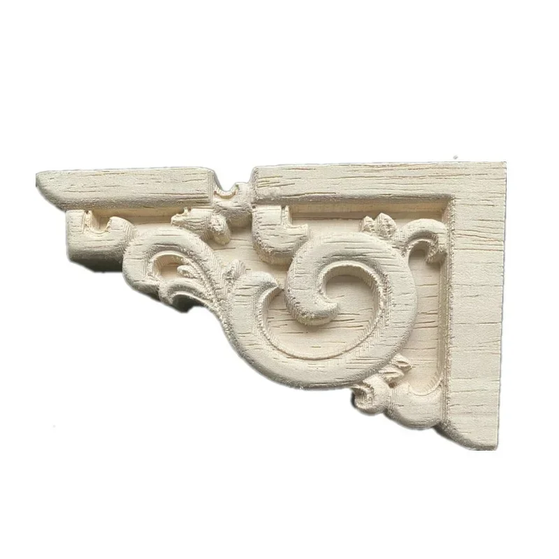 2PCS Carved Unpainted European Floral Leaves Rubber Wood Furniture Window Corner Wood Applique Onlay Wood Figurines Ornamental