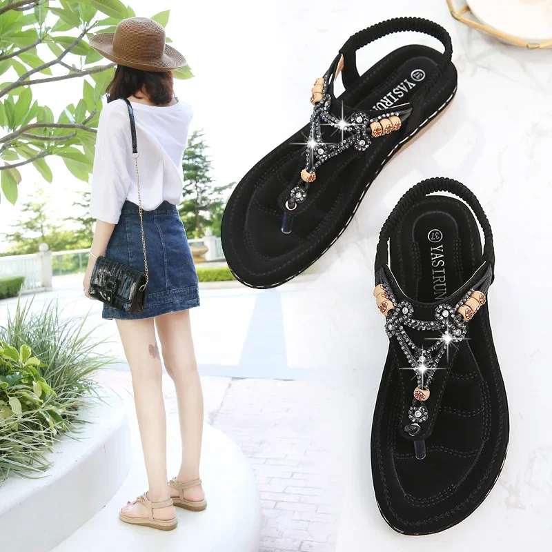 2023Shoes Women  Summer Rome Sandals Retro Clip Toe Rhinestone Wedge Platform Beach Bohemian Flip Flops Sandalias De Mujer