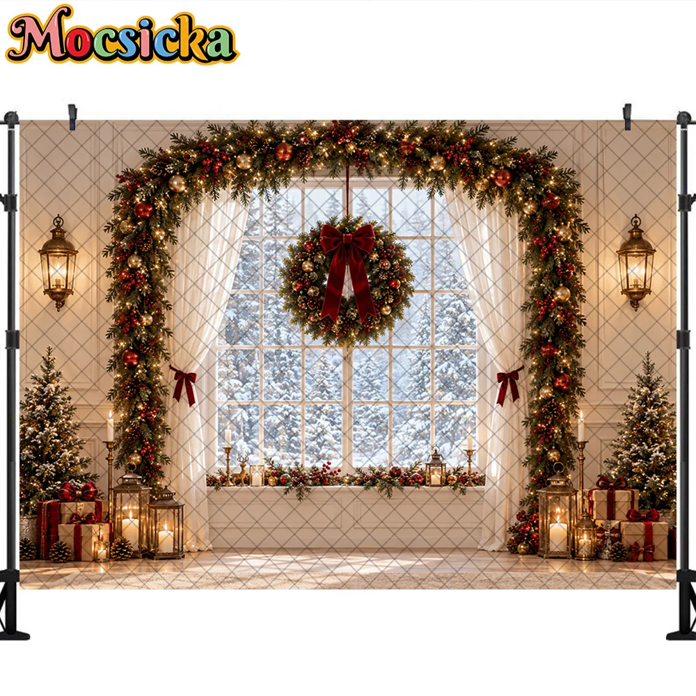 Mocsicka Christmas Window Backdrop White Curtain Wreath Red Bow Garland Snow Scene Family Holiday Photography Background Props