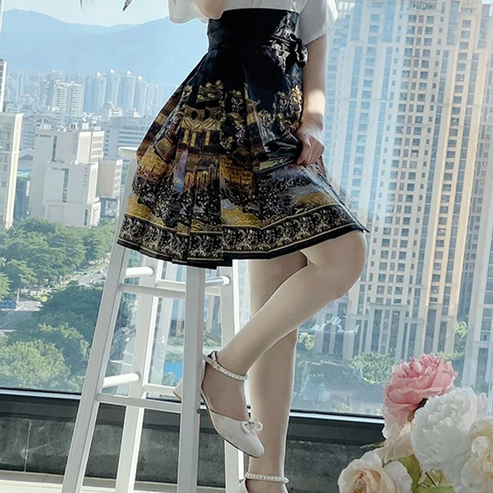 Brand New Half Skirt Modified Hanfu Fashionable High-waisted Laceup Printed Retro Simple Spring Street Summer Women