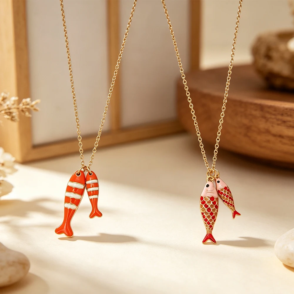 Mother-Son Koi Fish Oil-Drip Necklace, Red Gold Double Pendant Clavicle Chain