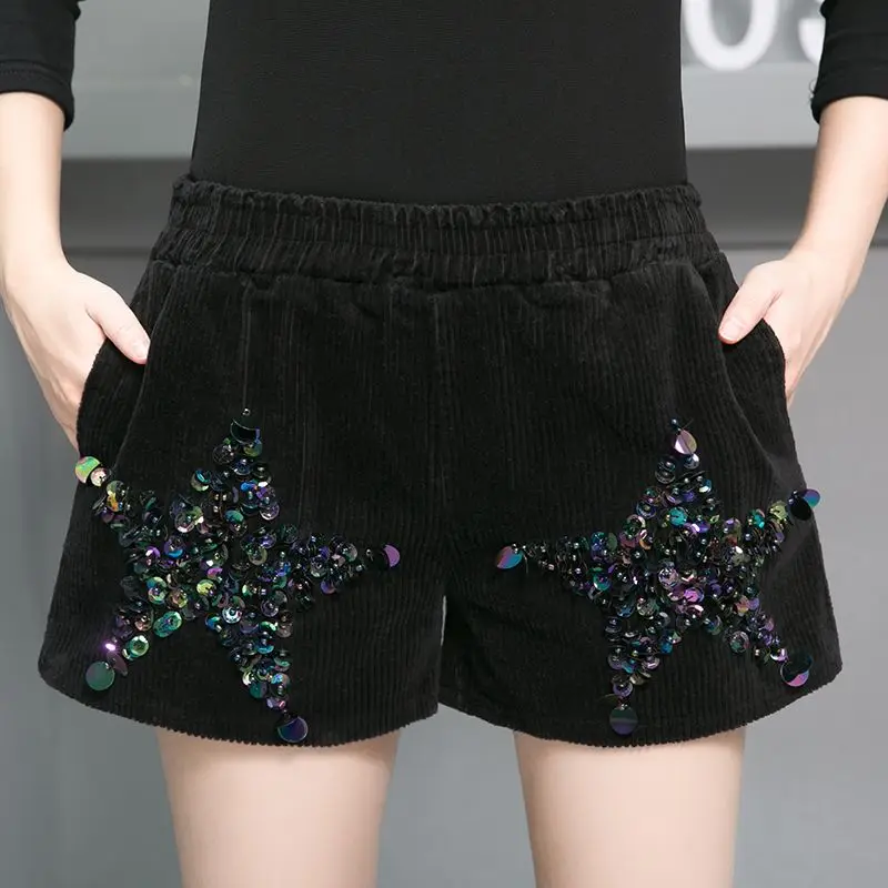 Sequined Shorts Loose Wide-leg Pants Autumn and Winter New Outer Wear Women Heavy Industry Sequined Boot Pants Slim Black