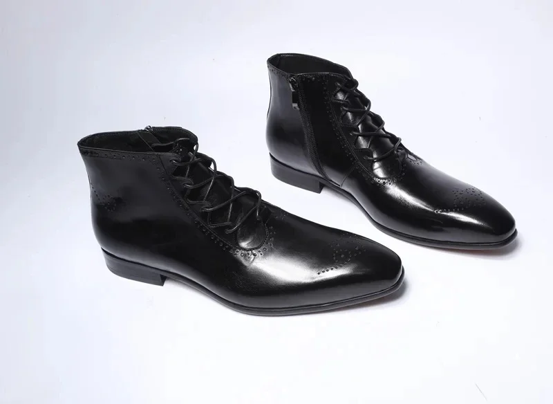 Luxury Genuine Leather Chelsea Boots for Men Brown Wingtip Ankle Lace-up Buckle Formal Snow Shoes High-end Office Footwear - view 6