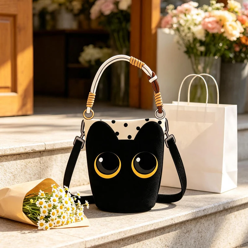 Gepunktete Cartoon-Katzen-Canvas-Umhängetasche, Niedliche Schwarze Kätzchen-Beuteltasche, Geräumige Casual-Shopper-Tragetasche – Detail 4