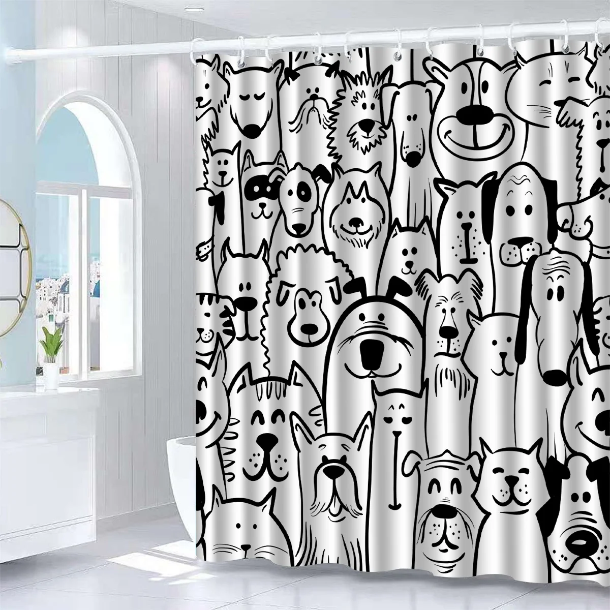 

1pc Shower Curtain - Fun and Quirky Black and White Dog Faces Pattern Waterproof