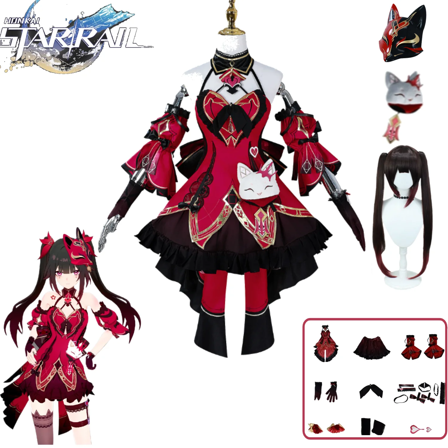

Honkai: Star Rail Hanabi Fictional Game Cosplay Costume Red Black Lolita Headdress Choker Gloves Cat-patterned Stockings Set