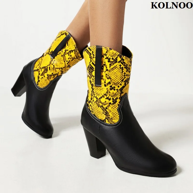 

Kolnoo Handmade New Winter Style Womens Chunky Heels Ankle Boots Faux-Snake Leather Patchwork Fashion Evening Prom Vintage Shoes