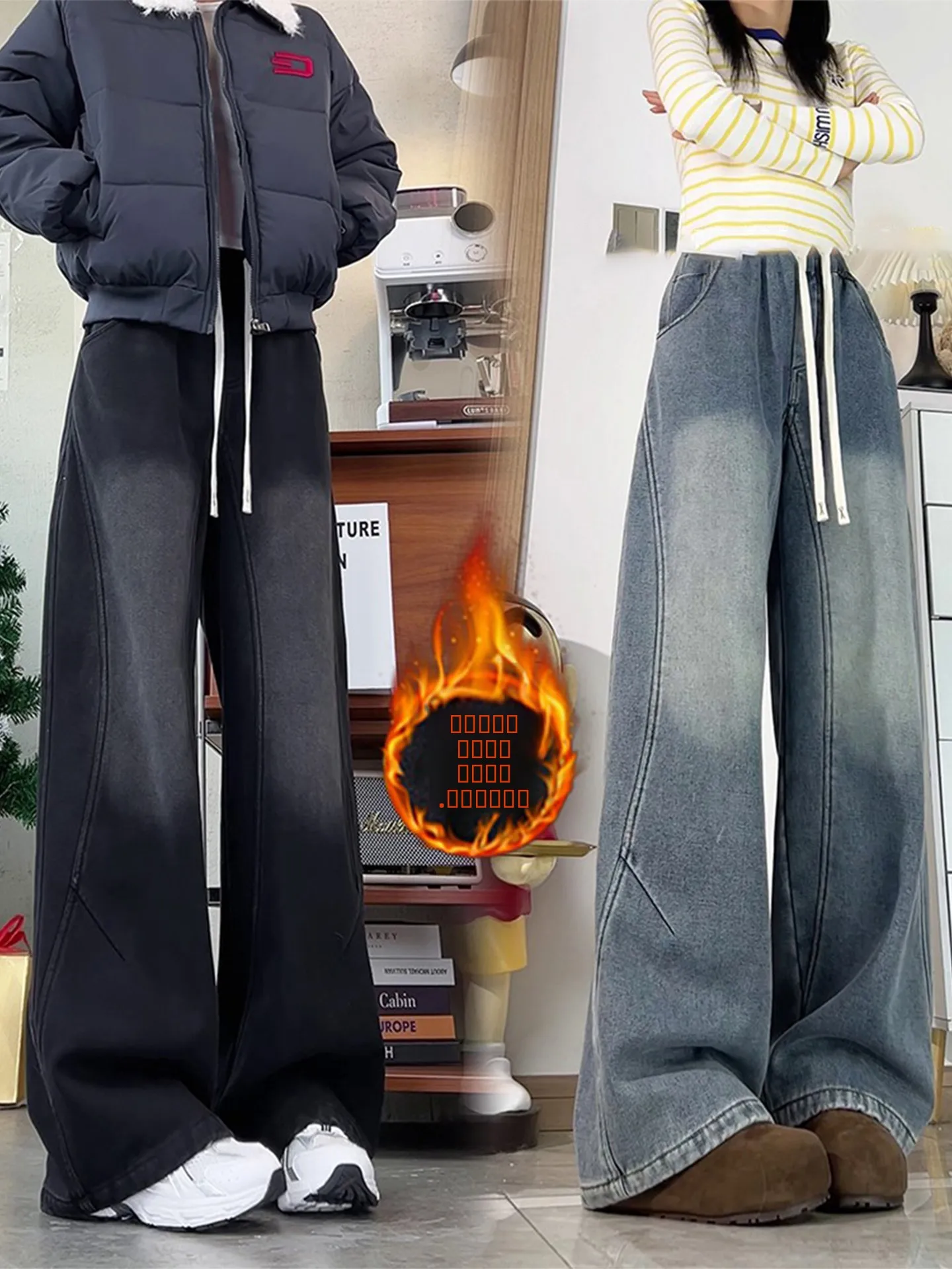 

Американские джинсы на флисовой подкладке, синие, унисекс, с высокой талией, эластичные, повседневные, прямые, свободные, леггинсы, осенне-зимние джинсы