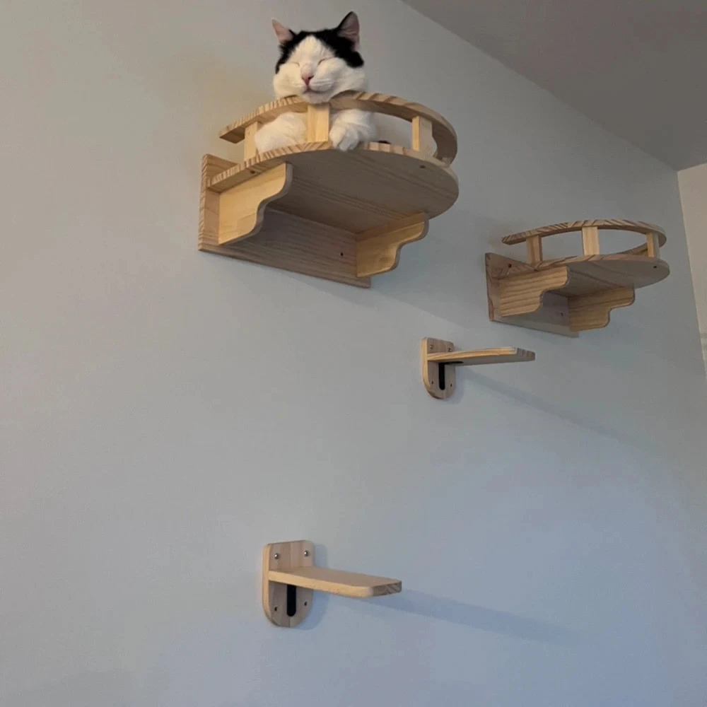 Cat Wall Mounted Solid Wooden Furniture Climbing Ladder and Cat Hammock with Scratching Post for Activity Indoor Cats Perches