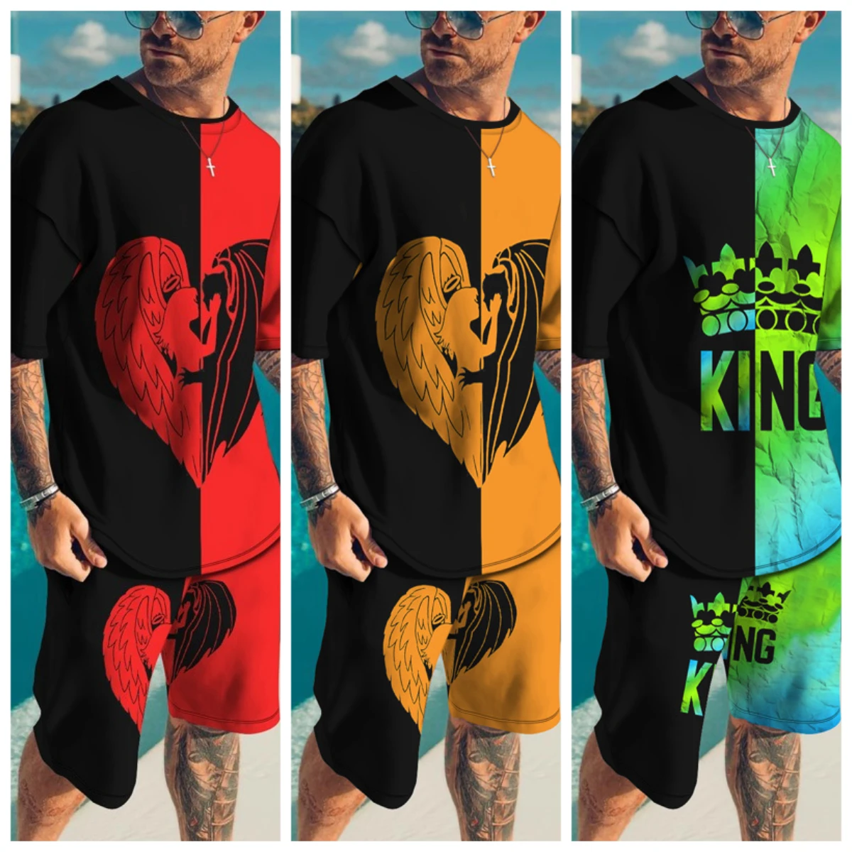

Summer Men's Hot-selling Fashion Casual 3D Printing Men's Suit Breathable Quick-drying Comfortable Men's Crew Neck T-shirt Set