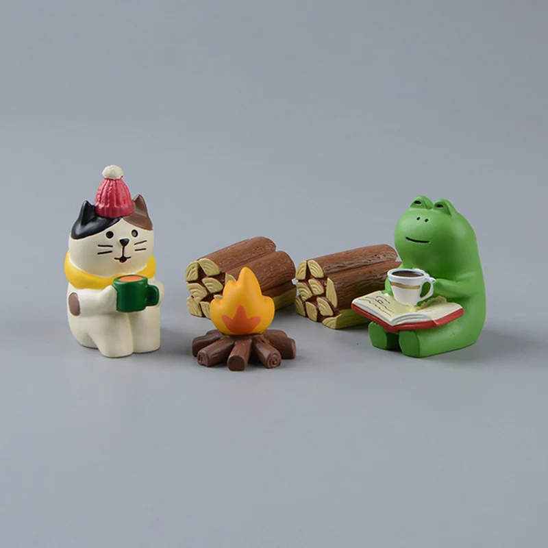 Zakka Grocery Winter Campfire Miniature Scene Resin Animals Cat Kitten Frog Figurines Decoration Desktop Garden DIY Dolls Gift