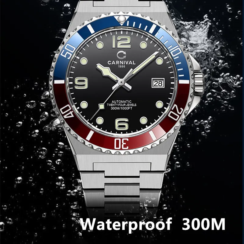 Carnival Wterproof 300M NH35 MIYOTA Automatic Watch for Men Mechanical High-end Luxury Brand Diving Watches Bezel Reloj Hombre