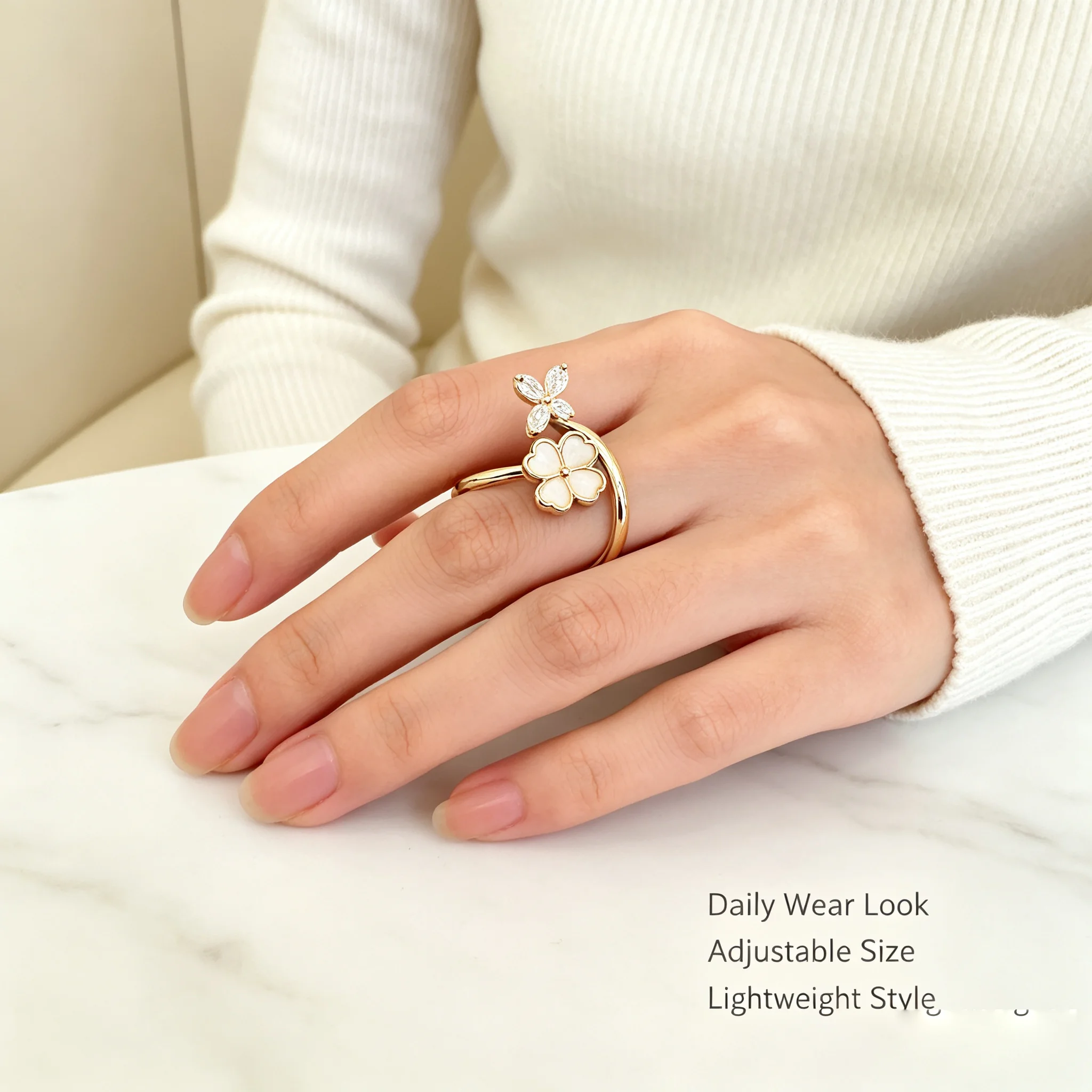 Fashion Butterfly Clover Combination Open Ring Gold Tone Stainless Steel Shell Inlaid Tarnish Resistant Adjustable Women Jewelry
