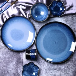 Japanese Blue Kiln Glazed Ceramic Soup Bowl Rice Bowl Dinner Plate Water Cup Tableware For Home Restaurant