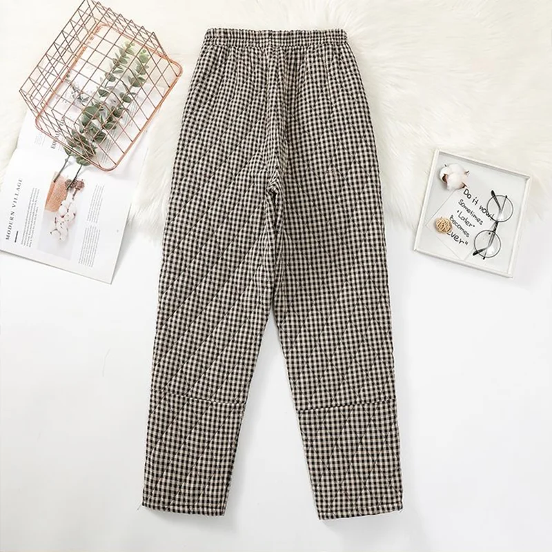 Loose Elastic High Waist Warm Cotton Pantalones Mother\'s Casual Quilted Thicken Pants Vintage Patchwork Plaid Winter Pants Women