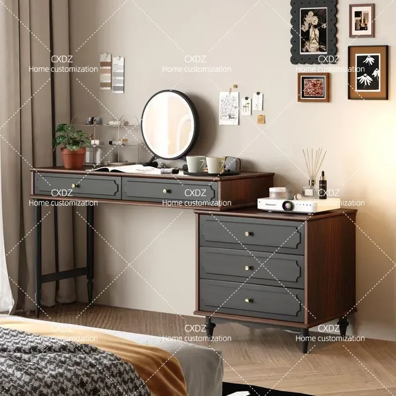 Solid wood dresser retro rubber wood American medieval dresser with mirror retractable bedroom living room advanced