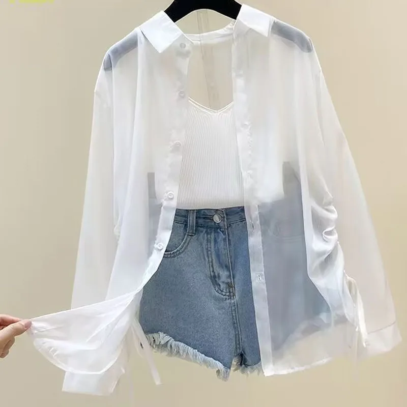 Long Sleeve Drawstring White Sunscreen Shirt Women New Summer Thin Casual Chiffon Blouse Women Tops Fashion Plus Size Shirts X30