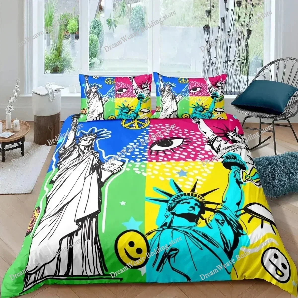 Statue of Liberty Duvet Cover Hip Hop Full Size Peace Sign Love Heart Bedding Set American Eyes Colorful Polyester Quilt Cover51
