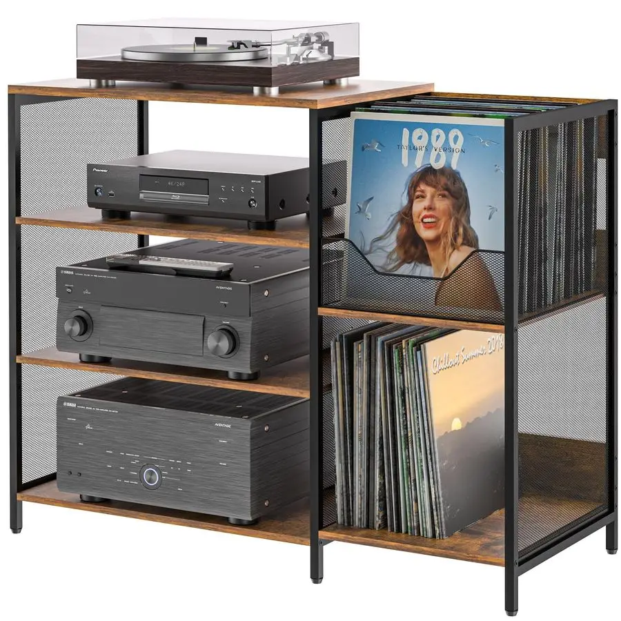 

Record Player Stand Table with Vinyl Record Holder Up to 150PCS, AV Media Stand Stereo Cabinet Shelf Rack Tower with Storage, St