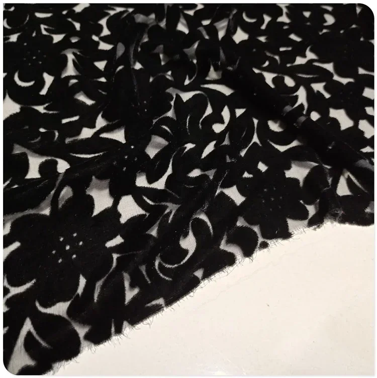 Black Floral Hollow Silk Velvet Mulberry Silk Cotton Velvet Fabric for Dresses, Qipao, Shirts, and Short Sleeves