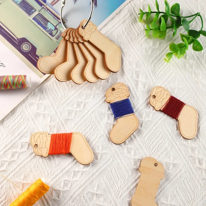 10 Pieces DIY Embroidery Thread Floss Bobbin Organizer Wooden Ribbon Twine Reel with Iron Ring for Cross Stitch Cotton Craft