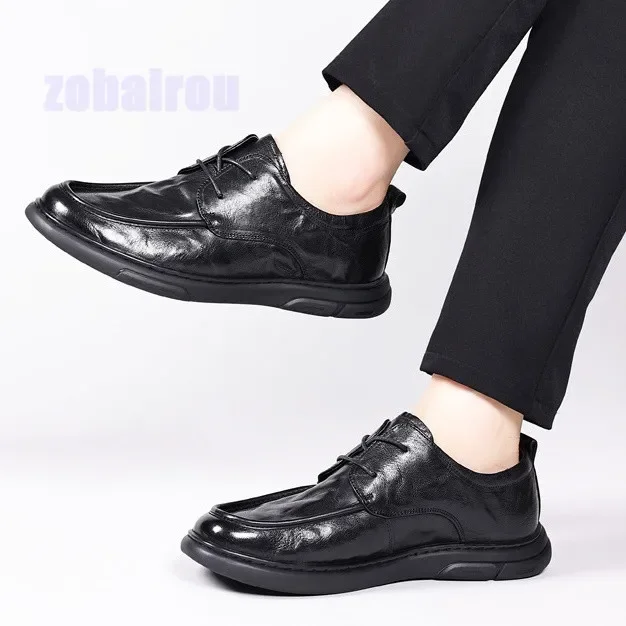 

Round Toe Lace Up Sheepskin Leather Shoes Genuine Leather Casual Men's Shoes Soft Leather Trend Anti Slip Breathable Shoes