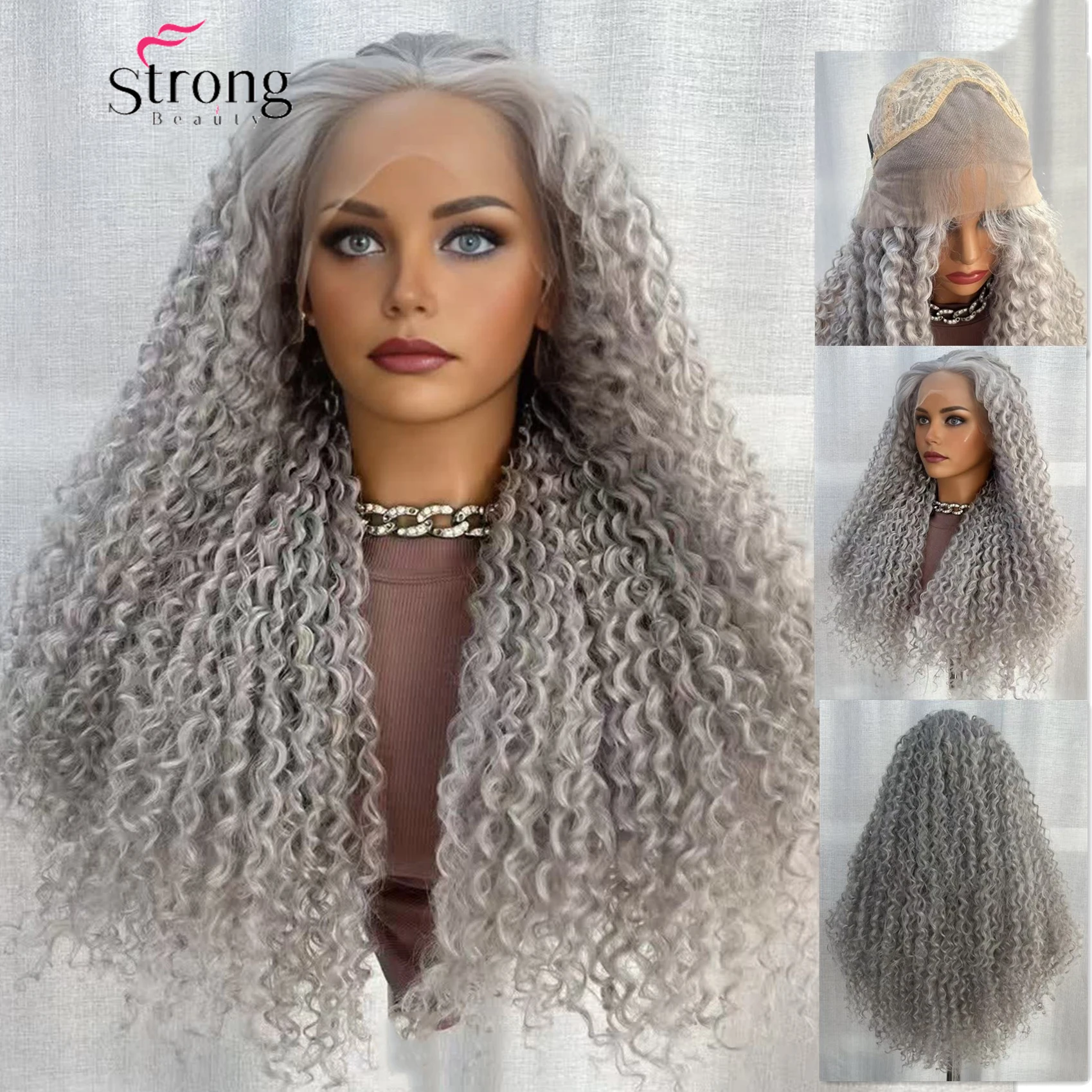 StrongBeauty lange blonde ombre kinky krullende lange pruik met kanten voorkant, hittebestendige synthetische kanten pruiken