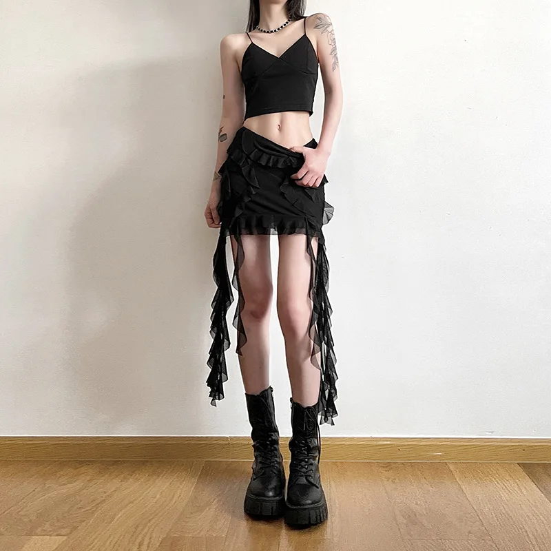 Goth Dark Y2K Aesthetics Women Streetwear Skirts Chic Irregular Edible Tree Fungus Mini Skirt Mall Gothic Mesh Hip Slim Bottoms