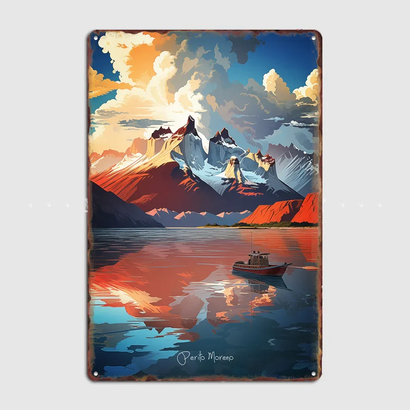 Pôster Retrô de Pintura a Óleo Perito Moreno, Sinal Metálico de Local Turístico, Decoração de Parede para Clubes e Interiores, Pôsteres Personalizados para Decoração de Casa