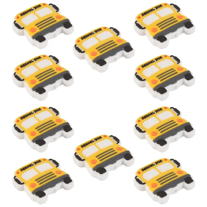 ABNM 10Pcs Silicone Car Beads Silicone Focal Beads Kit School Bus Shaped Beads Focal Beads For Pens Flat Loose Spacer Beads Kit