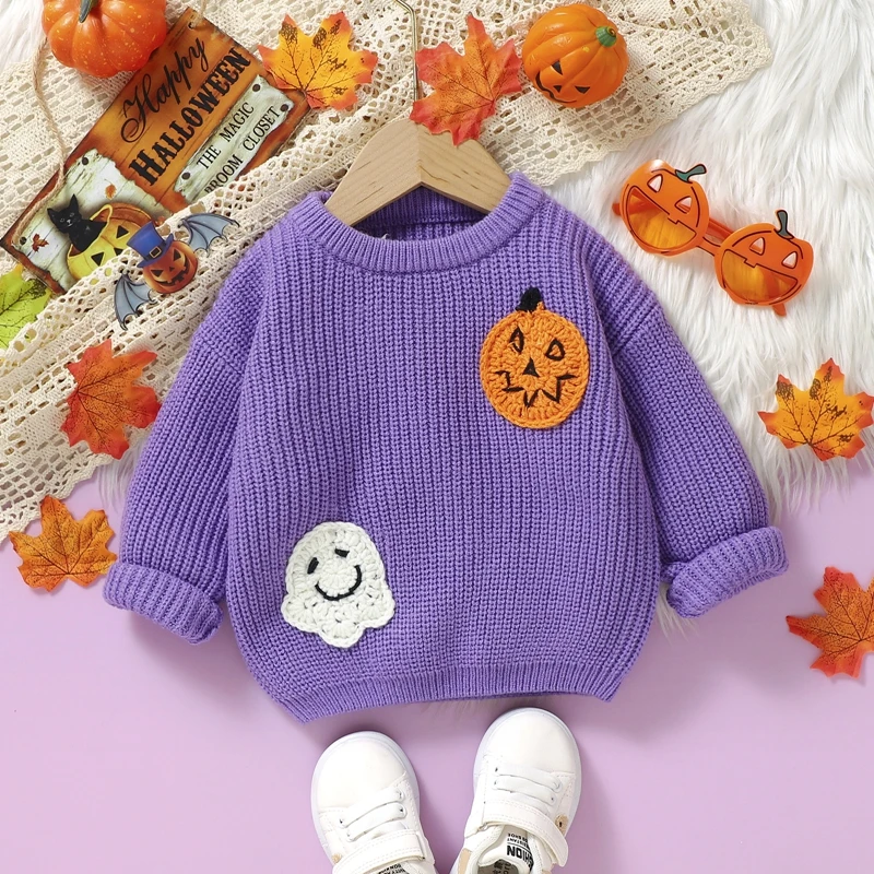 

Blotona Baby Halloween Sweater, Long Sleeve Crew Neck Ghost Pumpkin Winter Warm Knitted Pullover Tops for Girls Boys