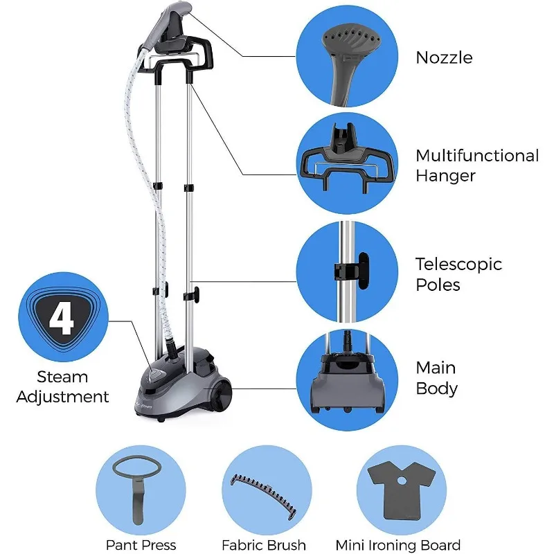 PurSteam Standing Garment Steamer with Wheels, 1h+ of Continuous Steam, Ironing Board