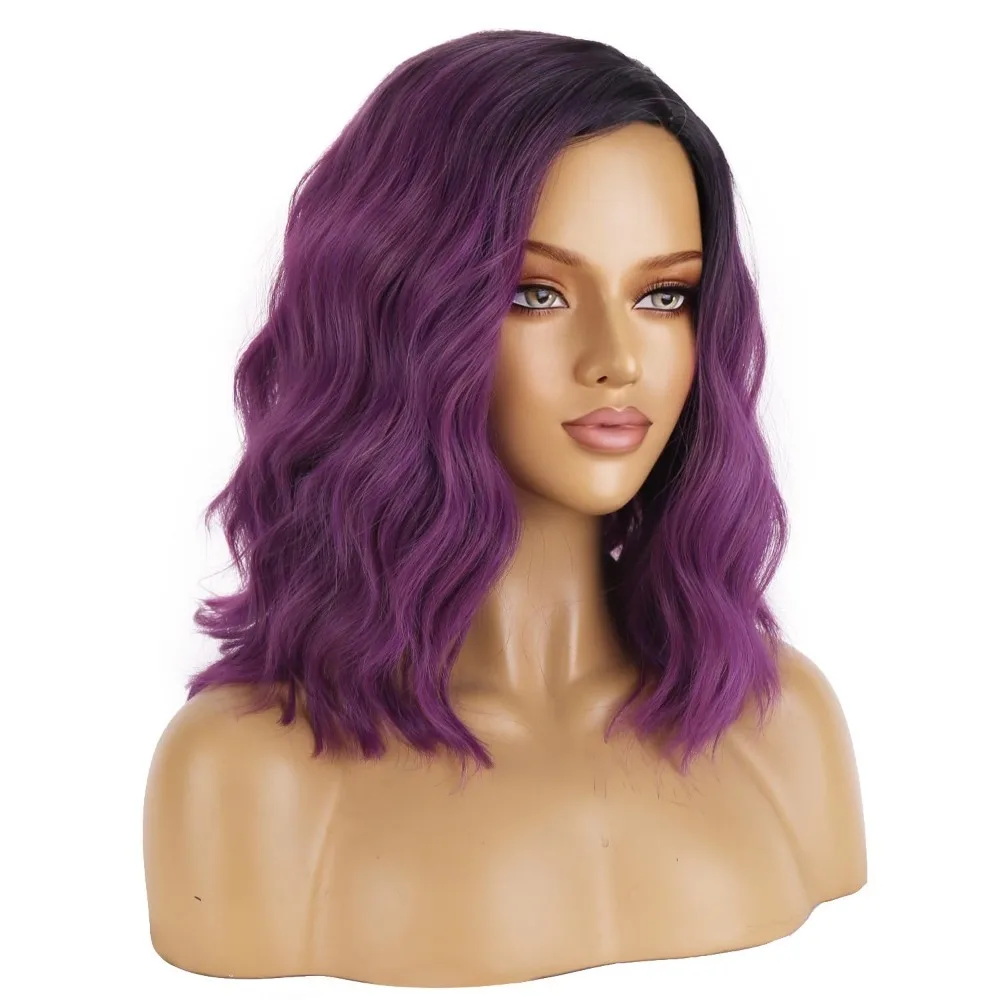 14인치 여성 소녀용 컬러 짧은 곱슬머리 보블 웨이브 퍼플 옴브레 핑크 어깨 길이 가발 바디 웨이브 데일리 또는 코스프레 헤어 가발