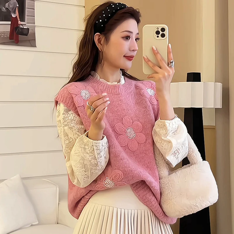 

Милый стильный вязаный жилет с цветочным принтом для женщин, осень-зима, свитер без рукавов с жемчугом, женский корейский жилет с круглым вырезом Mujer