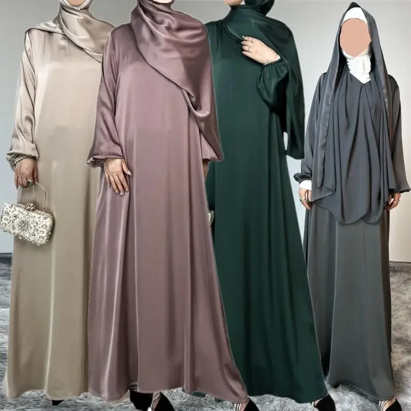 Turkey Modest Abaya Ramadan Muslim Women Satin Long Dress with Hijab Arab Robe Eid Islamic Plain Clothes Dubai Femme Kaftan Maxi