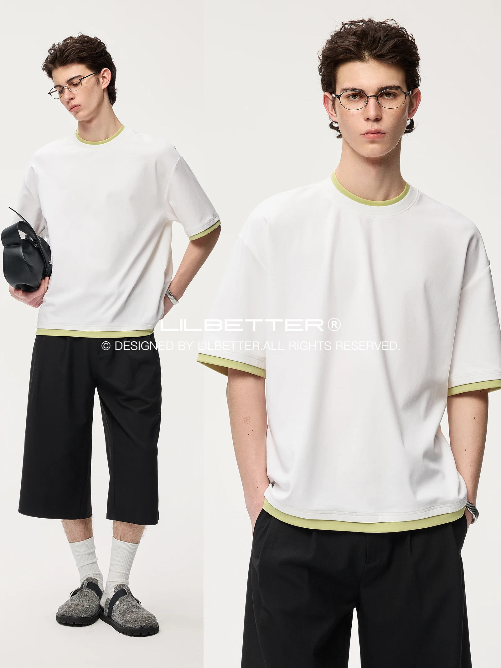 Lilbetter Patchwork Color Block Short Sleeve T-Shirt Double Layer Collar Loose Shoulder Fall Summer Casual Comfortable Cotton...