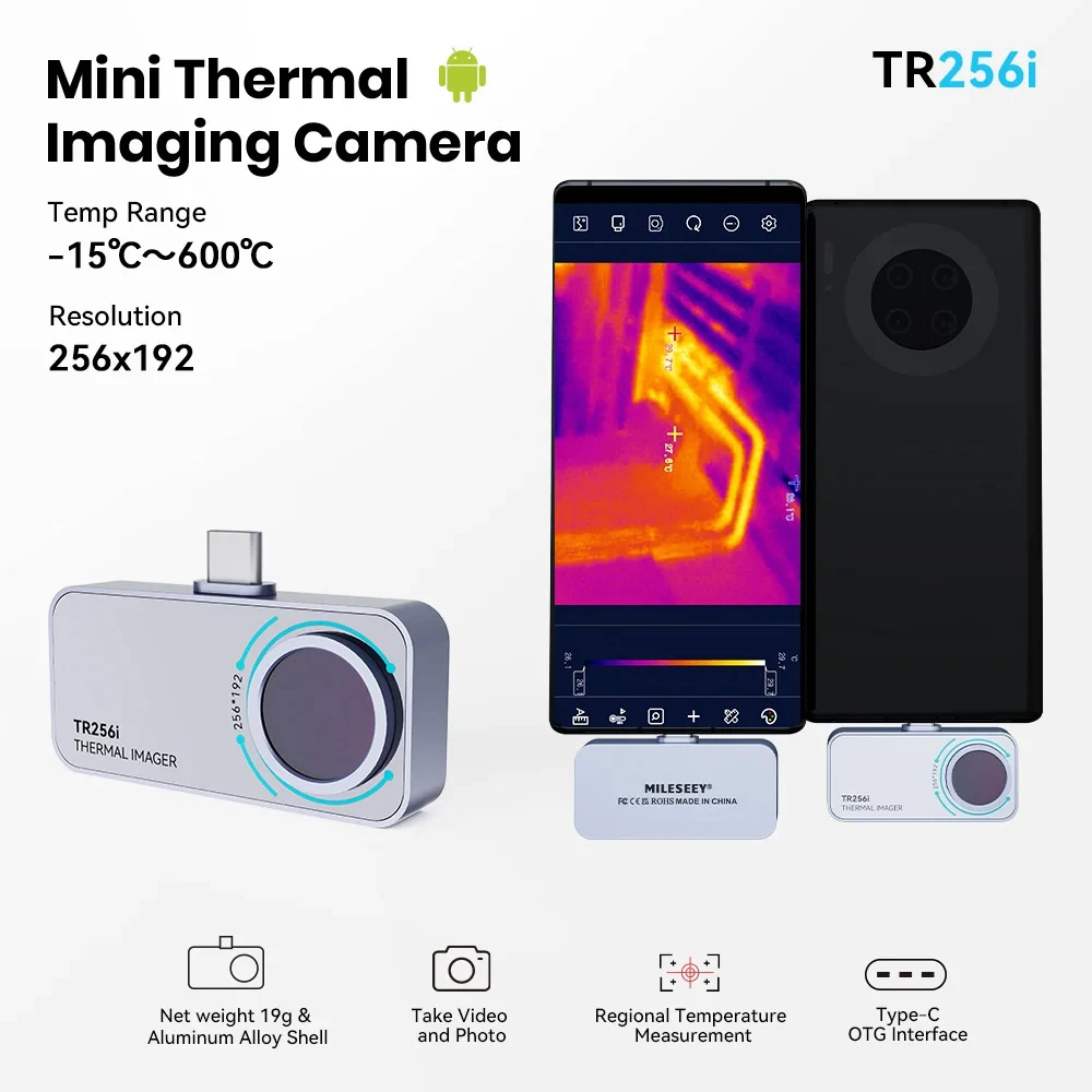 Mileseey-mini Câmera de Imagem Térmica Tr256i Tr160i 256x192 Usb tipo c Otg para Android Detector de Temperatura Infravermelho com Aplicativo