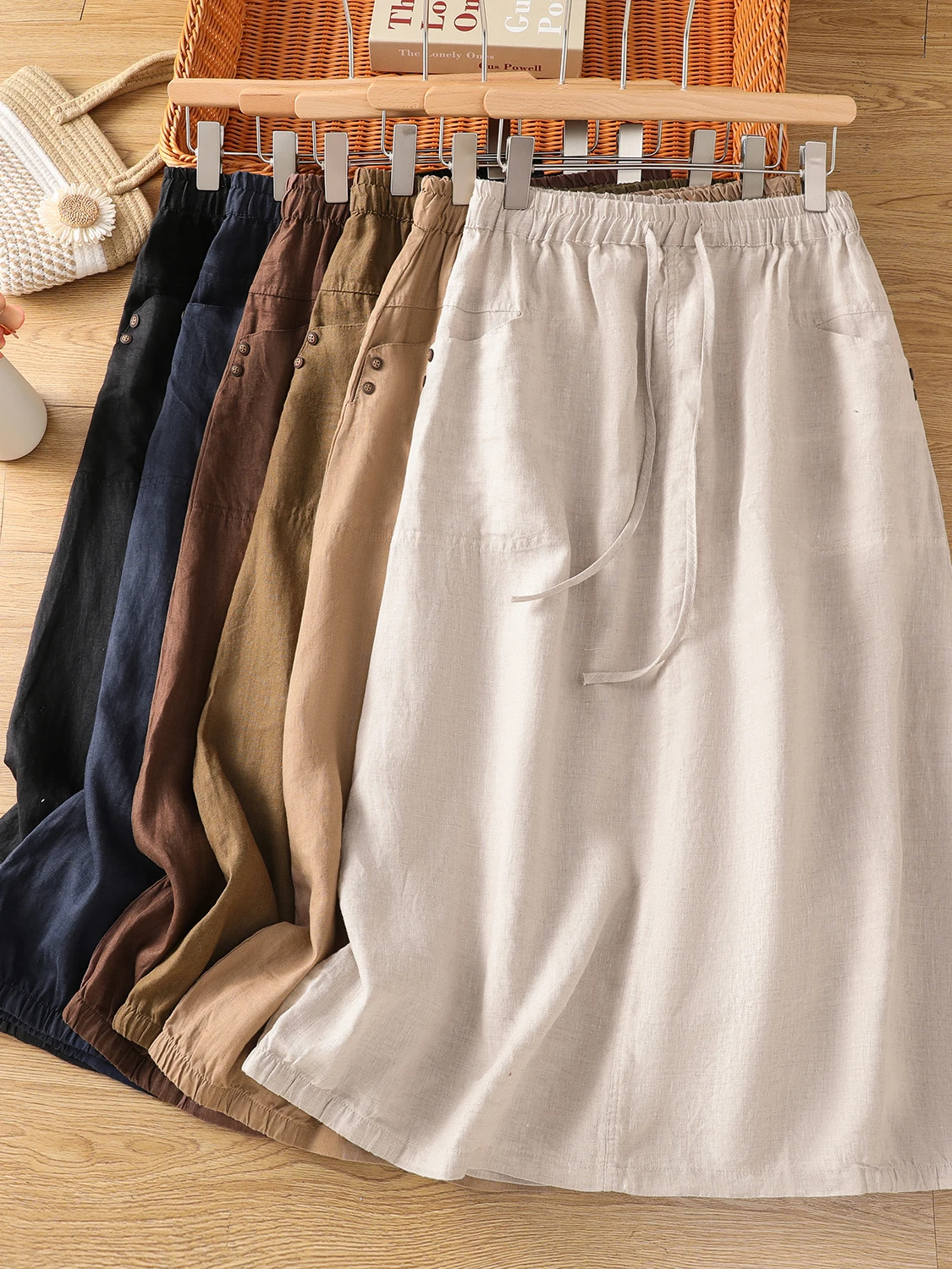 

Retro Cotton Linen Belted Elastic Waist Slimming Midi A-Line Skirt Spring New Style plus Size Women's Fashion Commute Style
