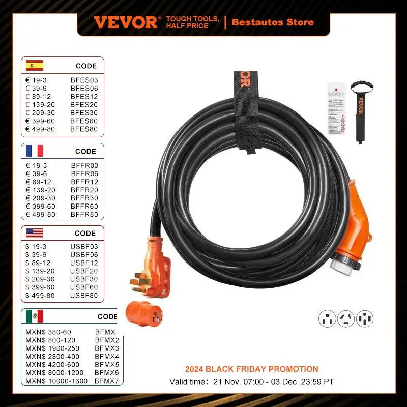 VEVOR 50 Feet RV Power Cord 50 Amp Heavy Duty STW 6/3 + 8/1 Generator Cord with LED Indicator Handle for RVs generators campers