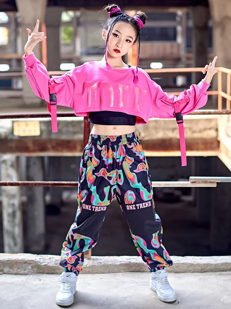 

Modern Kpop Hip Hop Dance Suit For Girls Pink Tops Pants Kids Jazz Dance Costume Long Sleeved Performance Clothes Autumn BL9102