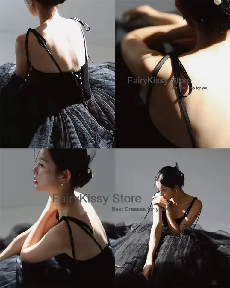 FairyKissy Princess Black Tiered Wedding Dresses Korea Photo shoot Spaghetti Straps Layered Evening Gowns Corset Back Customized image 5