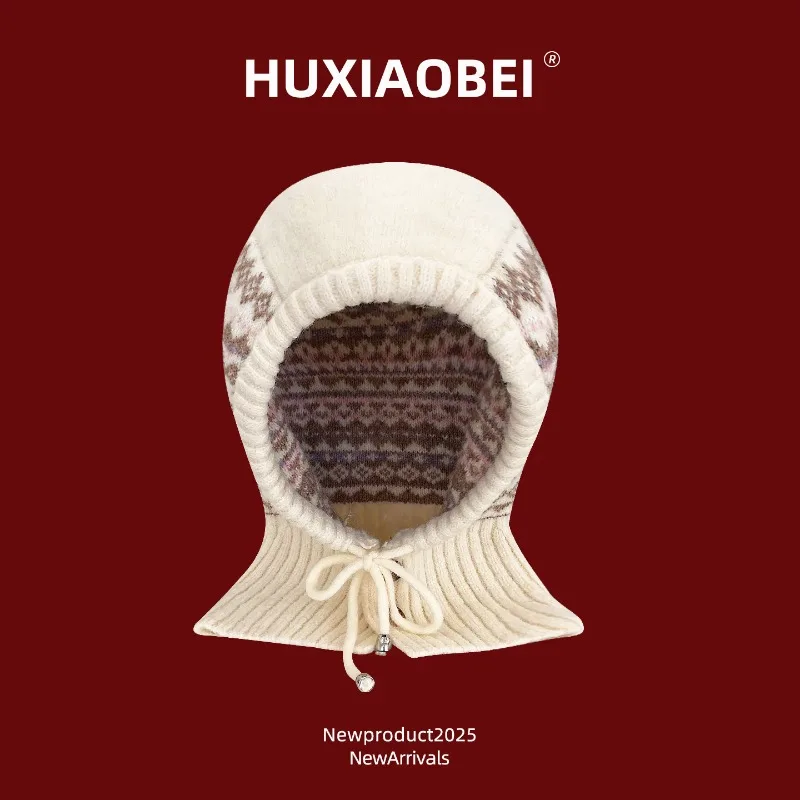 

Retro Ethnic Style Knitted Balaclava Hats Women's Autumn and Winter Warm Hat Scarf Integrated Lace-up Ear Protector Beanie Caps
