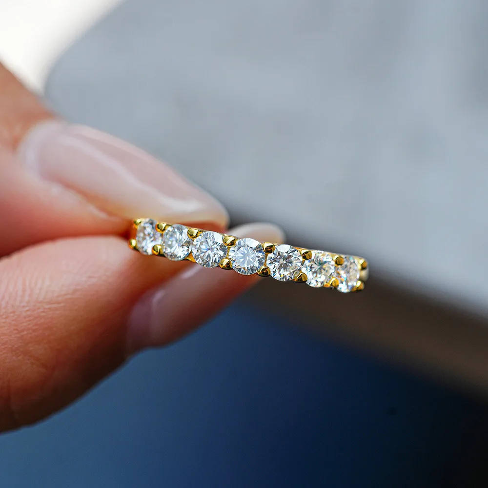 

S925 Sterling Silver Half Eternity Band Ring - Round D Color VVS Moissanite Inlaid Gold Plated Fine Jewelry for Women