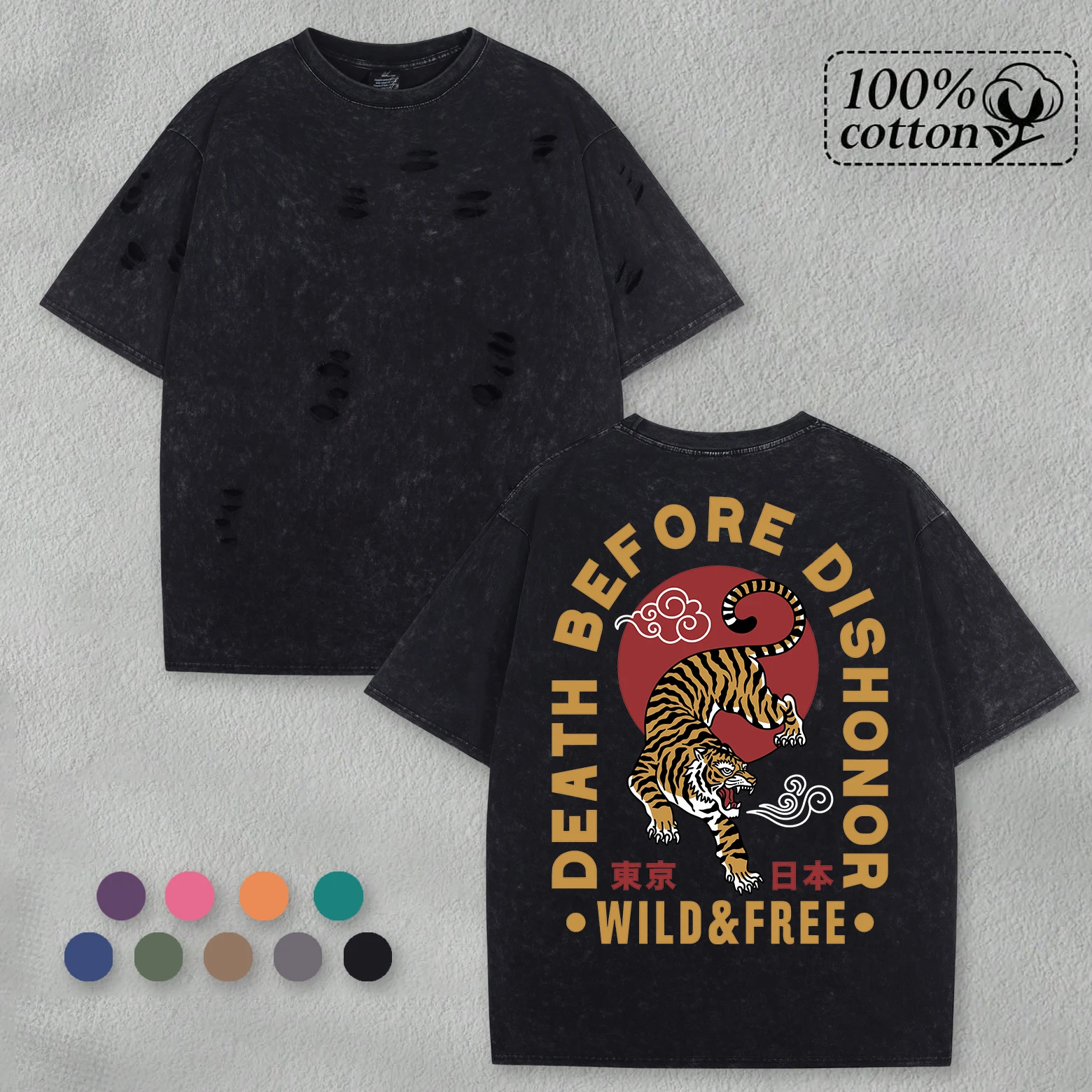 

Tiger Letter Creative Retro Men T-Shirt Loose Holes Tee Summer Snow Wash T-Shirts Hip Hop Cotton Clothes Unisex Short Sleeve