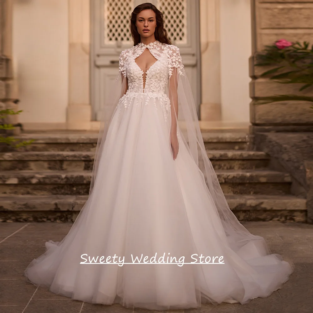 Vestido de noiva com capa destacável personalizado, decote em v, sem mangas, apliques de renda, trem de varredura, vestido de noiva