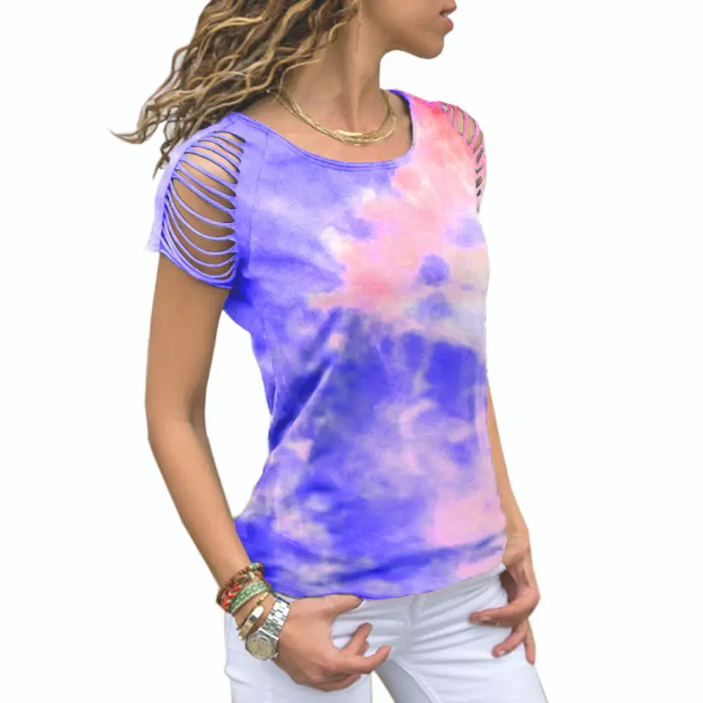 Tie Dyed Hollow Out Women's Printed Off Shoulder Short Sleeved T-shirt for Girls Loose Fitting Top