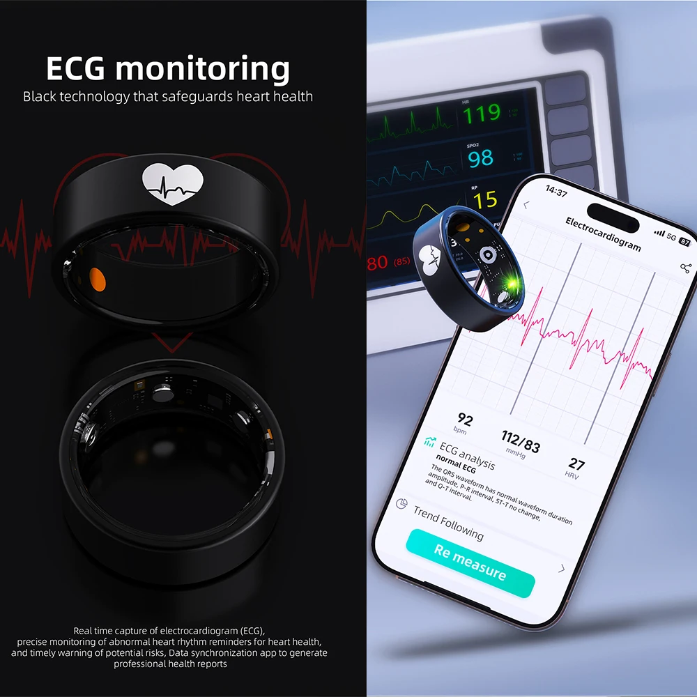 Cincin Pintar Monitor EKG R30 Untuk Pria Wanita, Monitor Suhu Tubuh, Detak Jantung, Tekanan Darah, Oksigen, Cincin Jari Bahan Stainless Steel