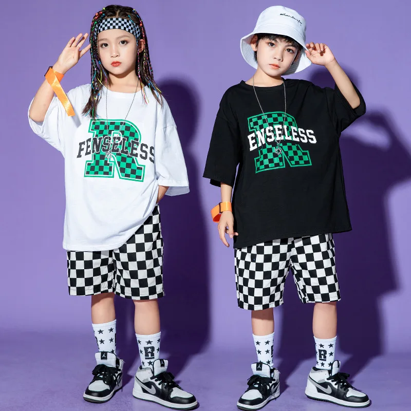 Crianças terno de dança de rua meninos jazz desempenho roupas branco impressão topos xadrez shorts verão meninas hip hop terno