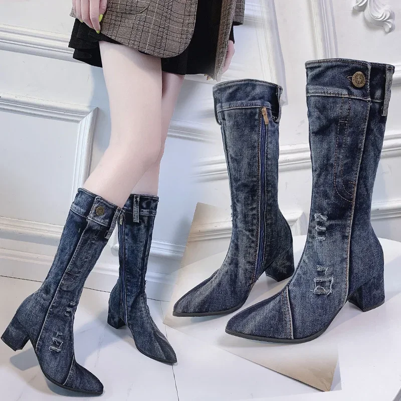 Sexy Jean Boots Women\'s Mid Calf Boot Zipper High Heel Woman Stylish Jeans Boots Ladies Denim Boot Female Shoes Cowboy 2024